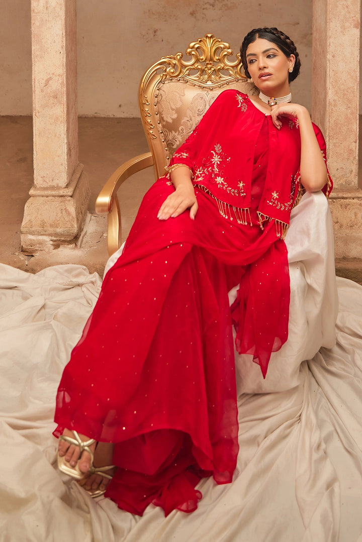 Red Mukaish Saree Set with Embroidered Silk Cape