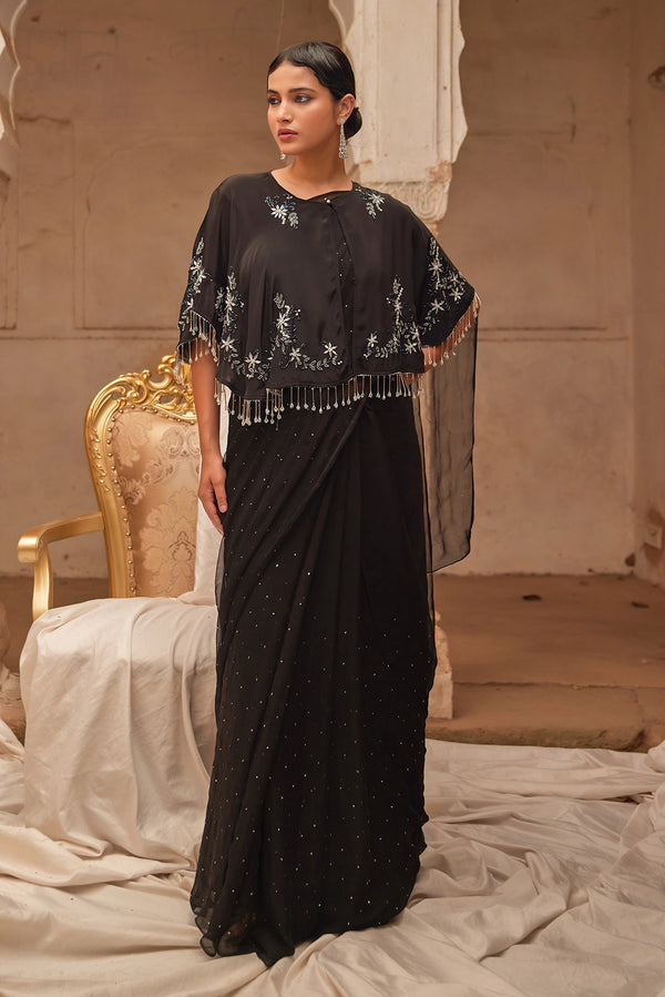 Black Mukaish Saree with Embroidered Silk Cape