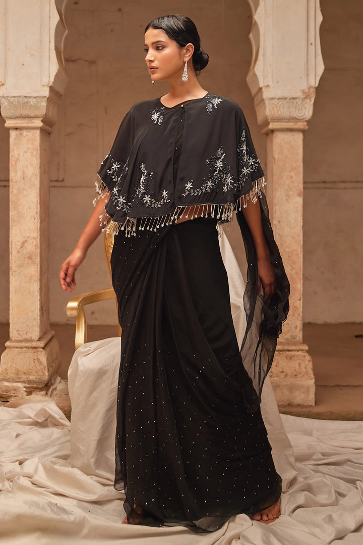 Black Mukaish Saree with Embroidered Silk Cape