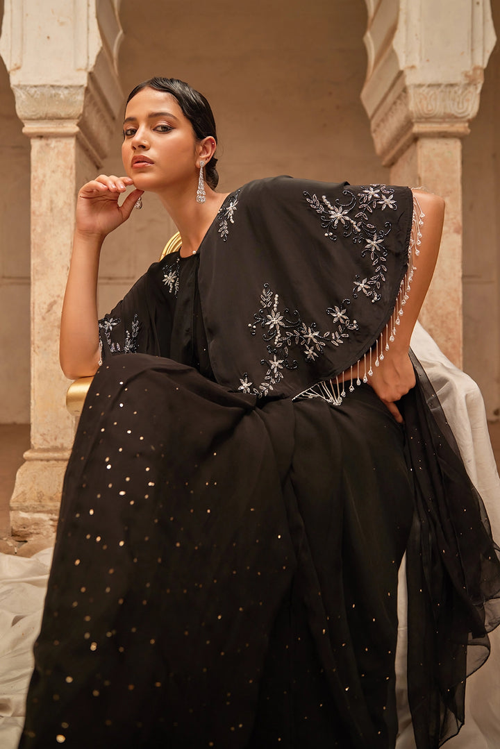 Black Mukaish Saree with Embroidered Silk Cape
