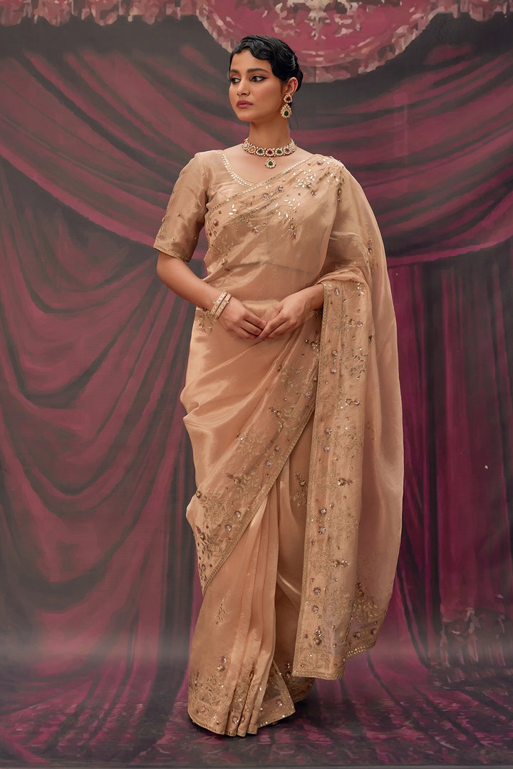 Antique Gold Tissue Saree with Intricate Gota Patti Embellishments