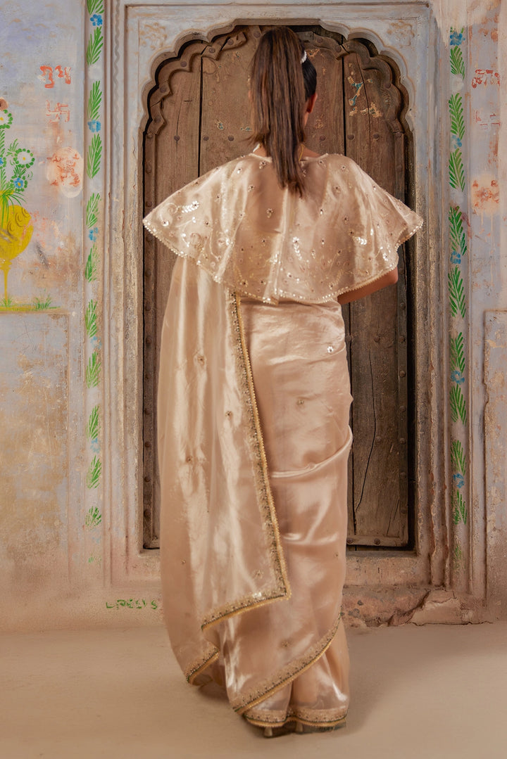Gold Embellished Pure Tissue Saree with Designer Cape