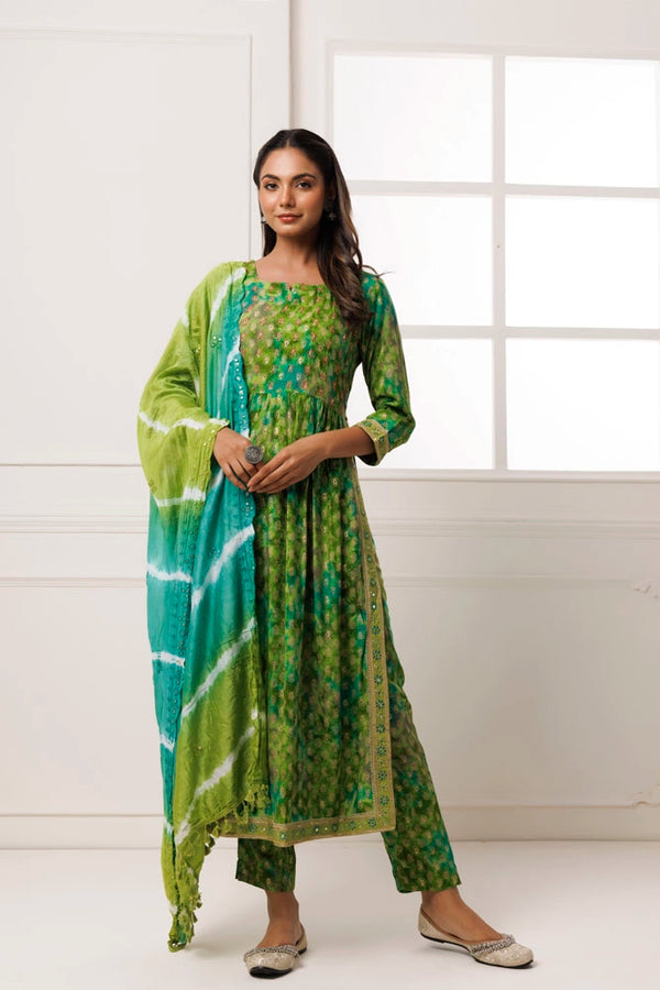Green Shaded Cotton-Rayon Embroidered Kurta Set with Silk Dupatta