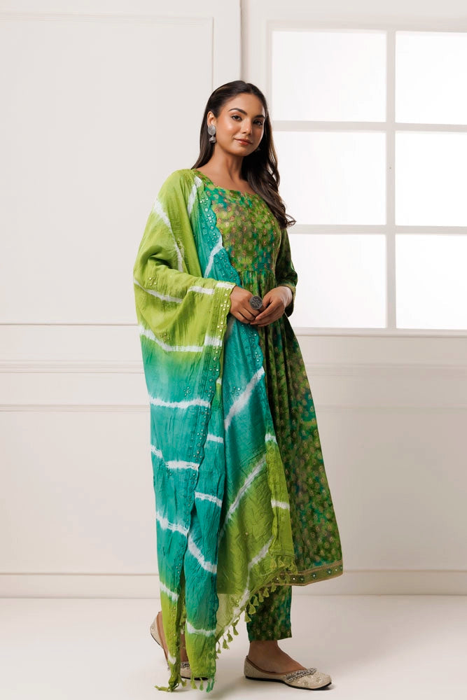 Green Shaded Cotton-Rayon Embroidered Kurta Set With Silk Dupatta
