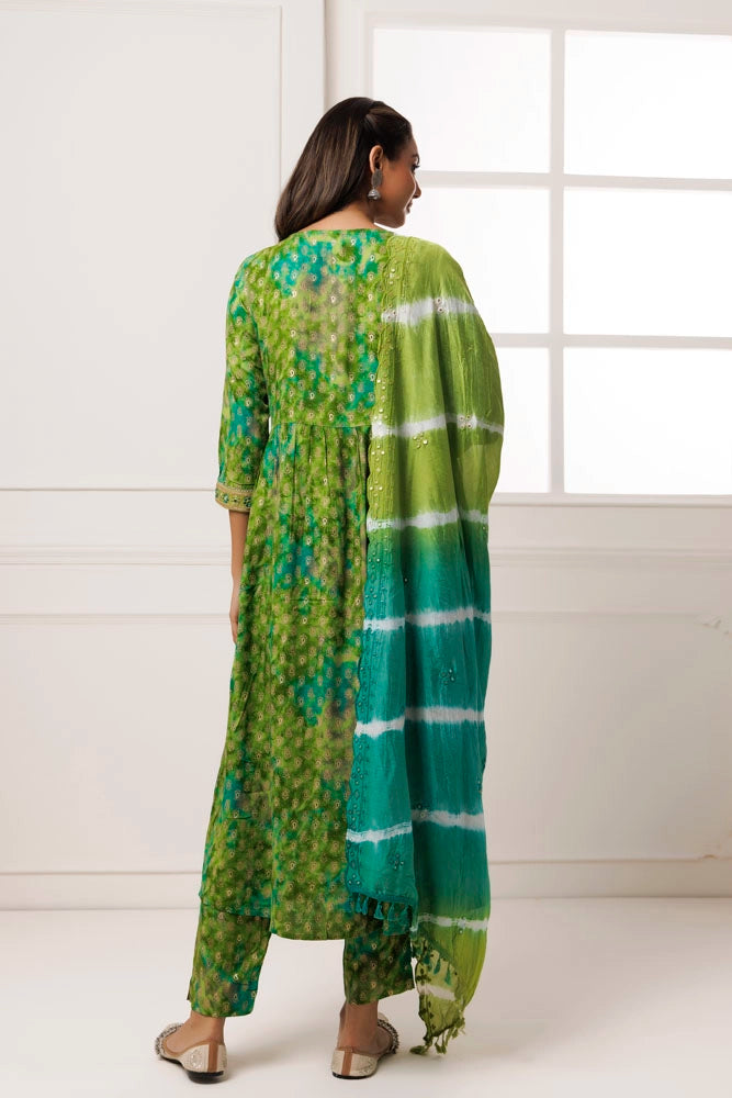 Green Shaded Cotton-Rayon Embroidered Kurta Set With Silk Dupatta