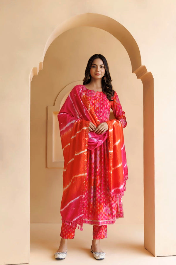 Pink Shaded Cotton-Rayon Embroidered Kurta Set with Silk Dupatta