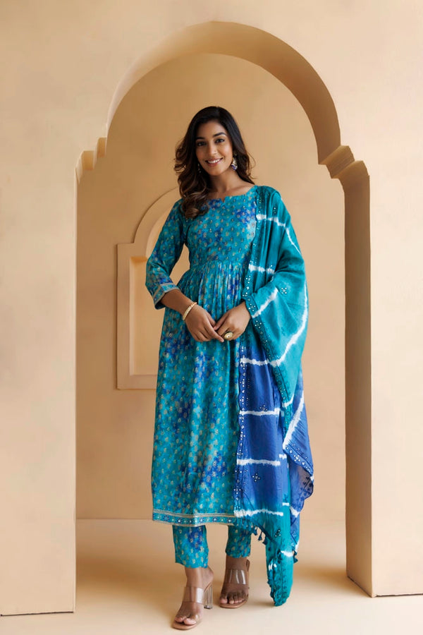 Blue Shaded Cotton-Rayon Embroidered Kurta Set with Silk Dupatta