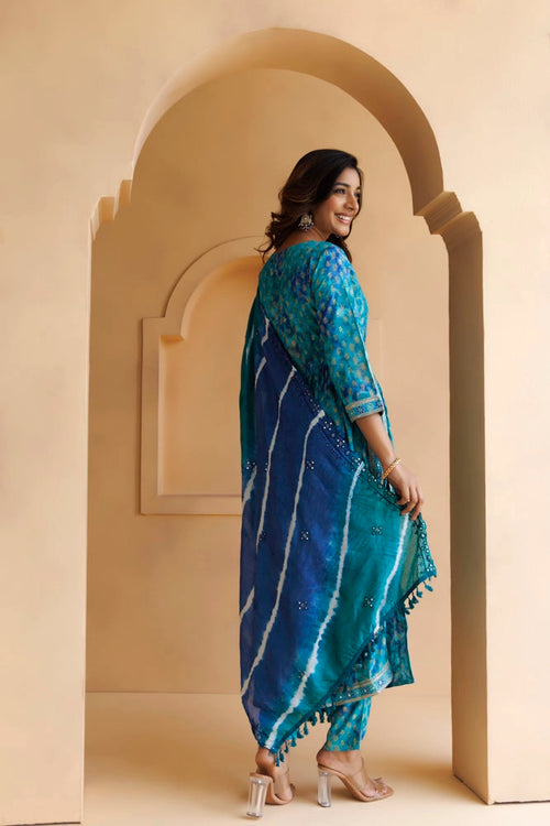 Blue Hand-Embroidered Sequins Kurta Set With Dupatta