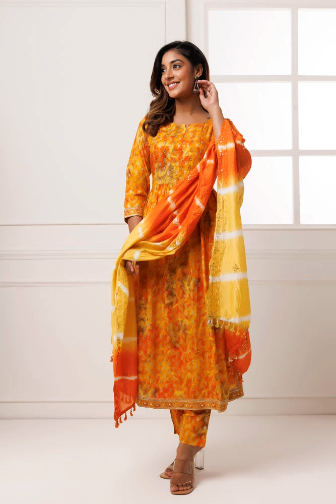 Yellow-Orange Cotton-Rayon Embroidered Kurta Set With Silk Dupatta