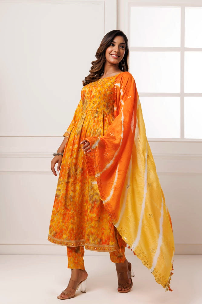 Yellow-Orange Cotton-Rayon Embroidered Kurta Set With Silk Dupatta