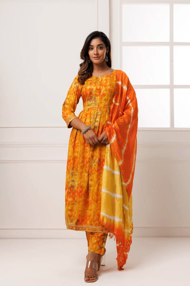 Yellow-Orange Cotton-Rayon Embroidered Kurta Set With Silk Dupatta