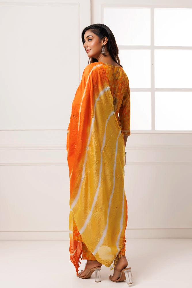 Yellow-Orange Cotton-Rayon Embroidered Kurta Set With Silk Dupatta
