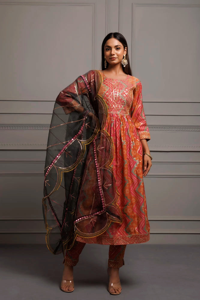 Pink Silk Embroidered Bandhani Kurta Set With Organza Dupatta