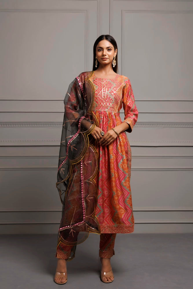 Pink Silk Embroidered Bandhani Kurta Set With Organza Dupatta