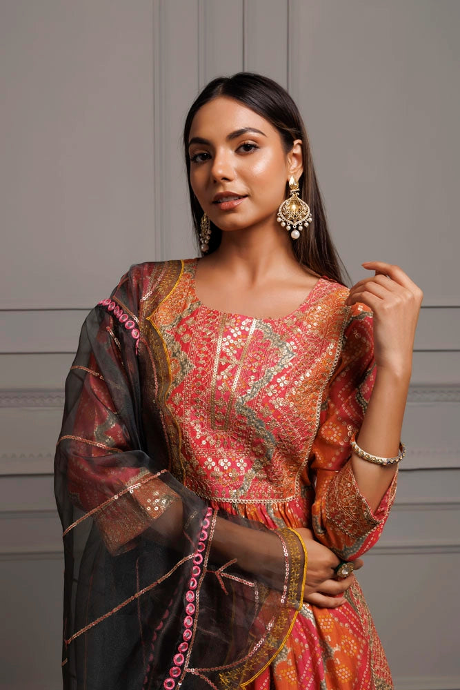 Pink Silk Embroidered Bandhani Kurta Set With Organza Dupatta