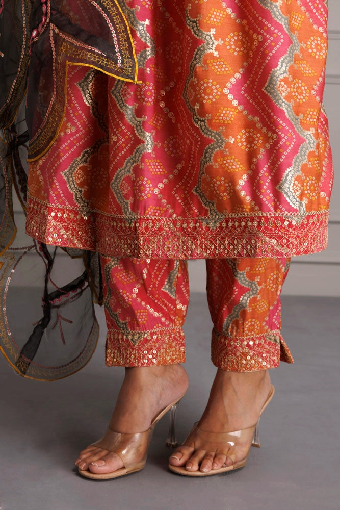 Pink Silk Embroiderea Dupattad Bandhani Kurta Set With Organz