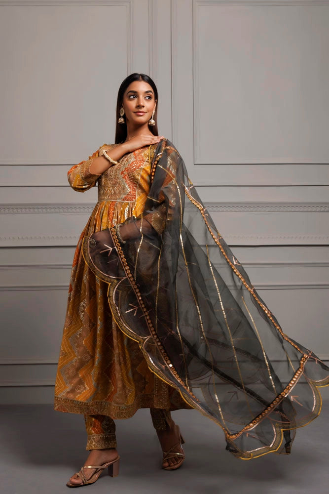 Mustard Yellow Silk Embroidered Bandhani Kurta Set With Organza Dupatta
