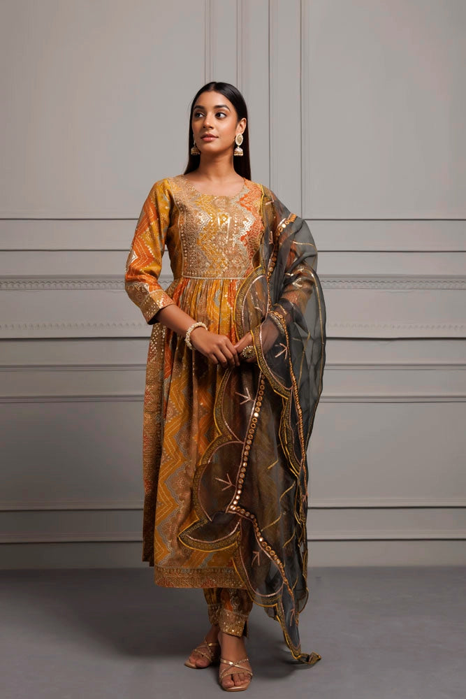 Mustard Yellow Silk Embroidered Bandhani Kurta Set With Organza Dupatta