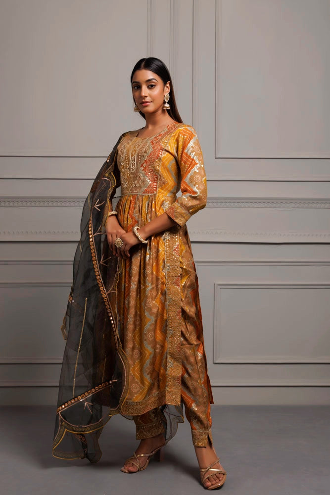 Mustard Yellow Silk Embroidered Bandhani Kurta Set With Organza Dupatta