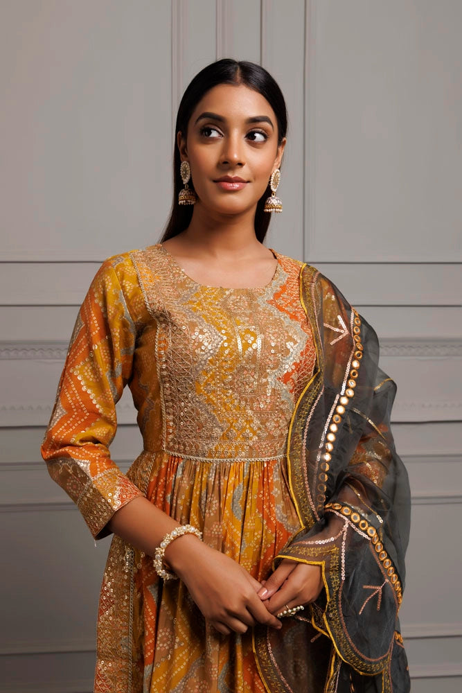 Mustard Yellow Silk Embroidered Bandhani Kurta Set With Organza Dupatta