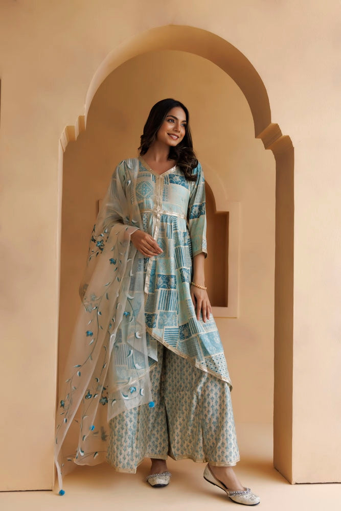 Light Blue Printed Kurta Set With Handpainted Organza Dupatta