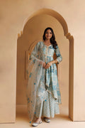 Light Blue Printed Kurta Set With Handpainted Organza Dupatta