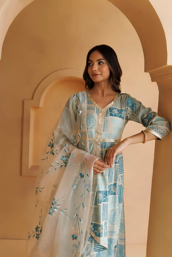 Light Blue Printed Kurta Set With Handpainted Organza Dupatta