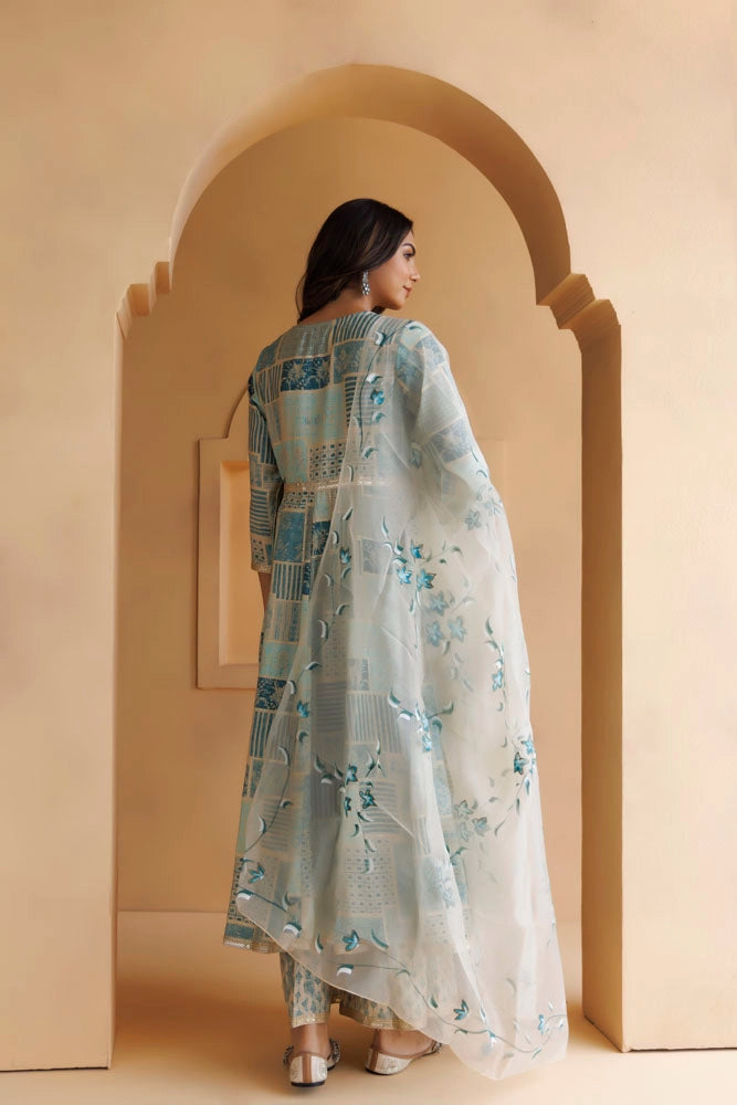 Light Blue Printed Kurta Set With Handpainted Organza Dupatta