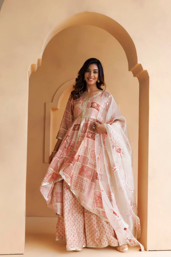 Pink Maroon Printed Kurta Set With Handpainted Organza Dupatta