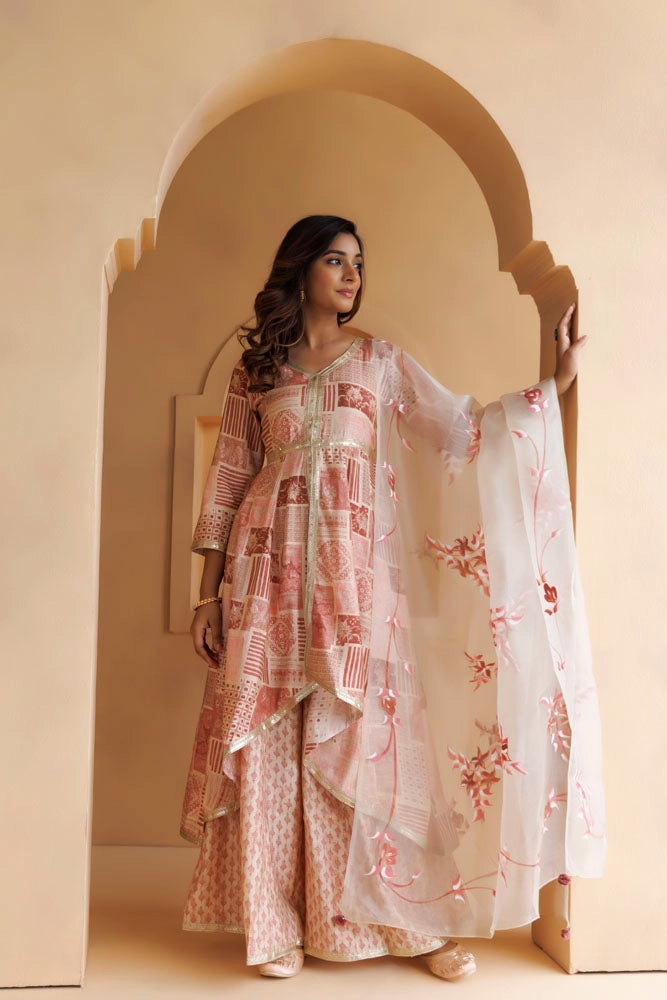 Pink Maroon Printed Kurta Set With Handpainted Organza Dupatta
