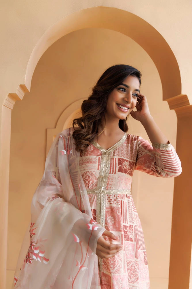 Pink Maroon Printed Kurta Set With Handpainted Organza Dupatta