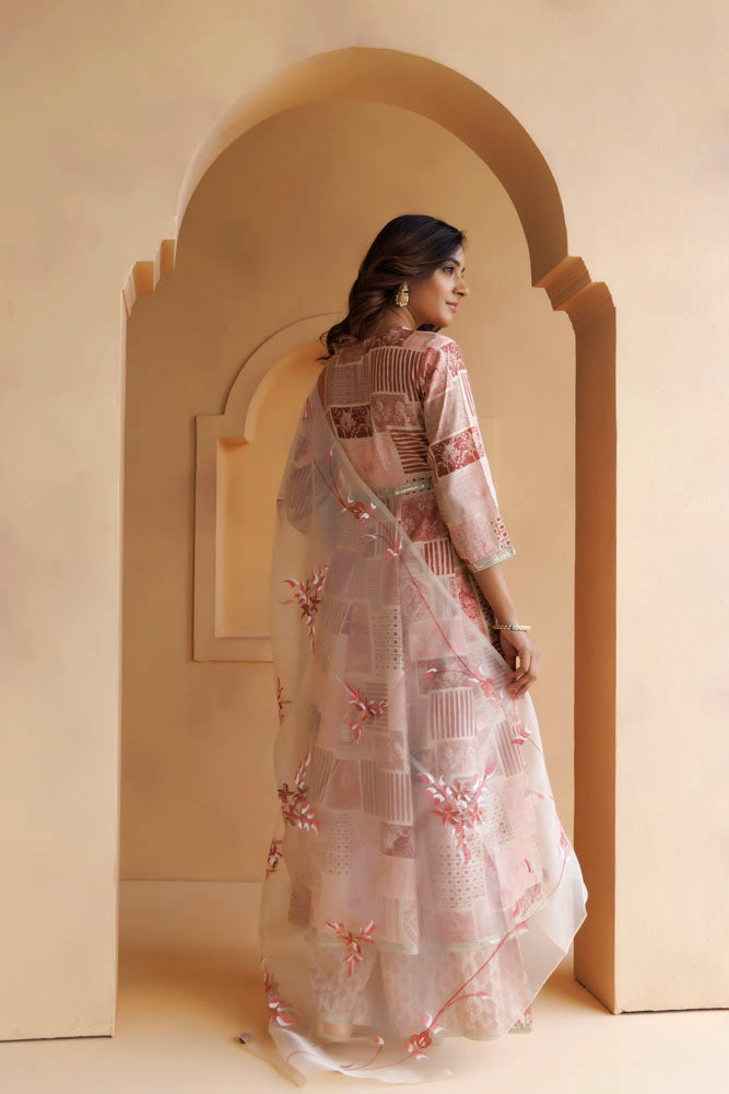 Pink Maroon Printed Kurta Set With Handpainted Organza Dupatta