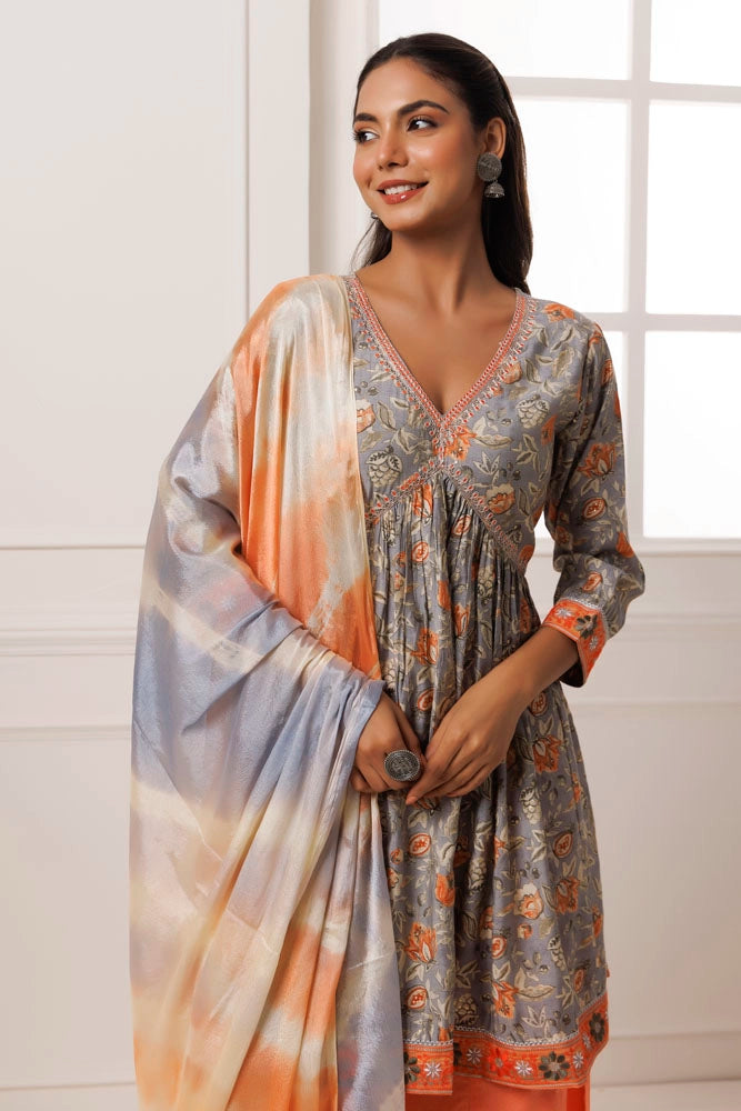Grey-Peach Printed Kurta Set With Chiffon Leheriya Dupatta
