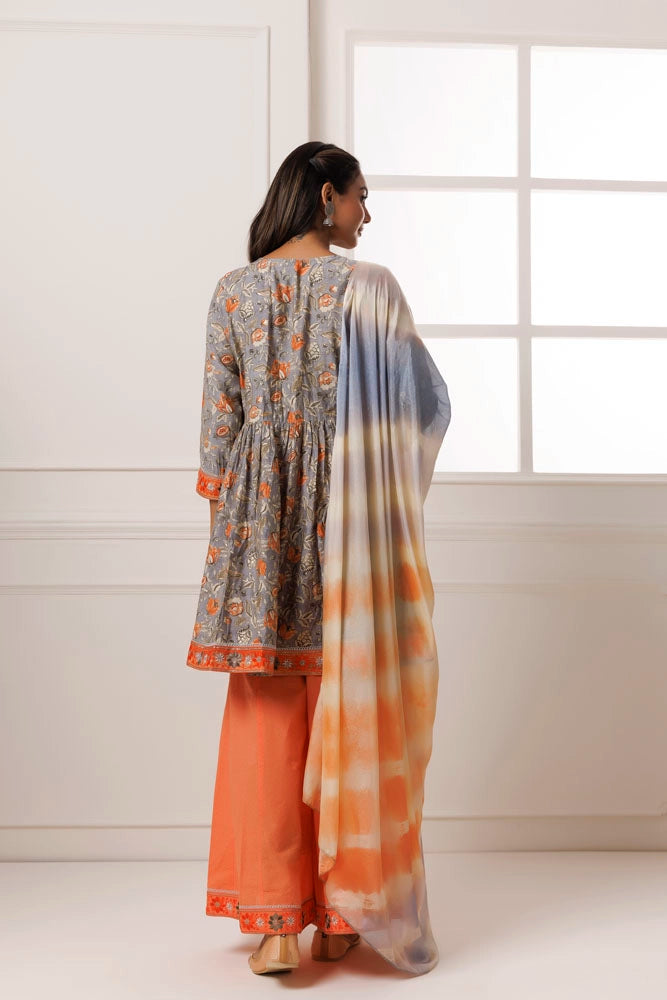 Grey-Peach Printed Kurta Set With Chiffon Leheriya Dupatta