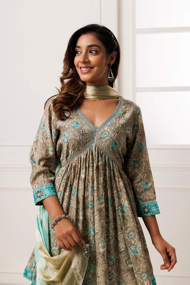 Grey-Blue Printed Kurta Set With Chiffon Leheriya Dupatta