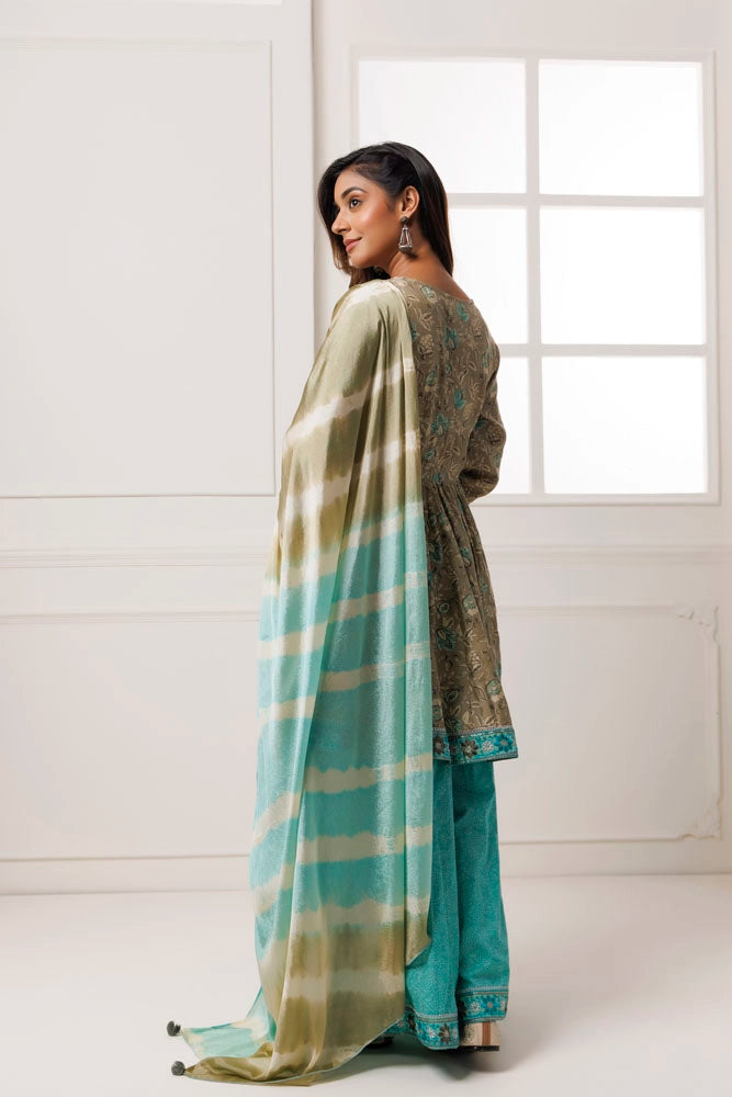 Grey-Blue Printed Kurta Set With Chiffon Leheriya Dupatta