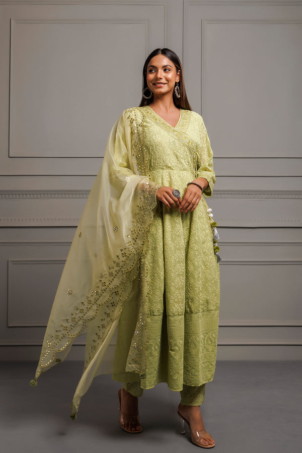Green Georgette Handcrafted Angrakha Kurta Set With Organza Dupatta