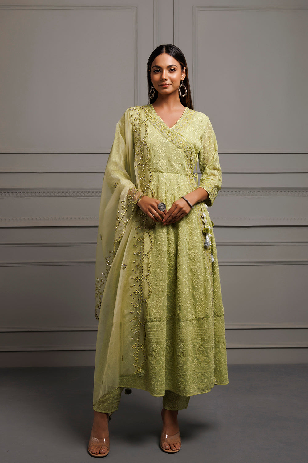 Green Georgette Handcrafted Angrakha Kurta Set With Organza Dupatta