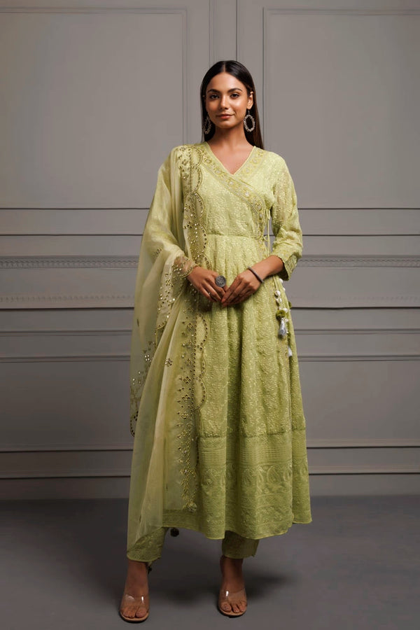 Green Georgette Handcrafted Angrakha Kurta Set with Organza Dupatta