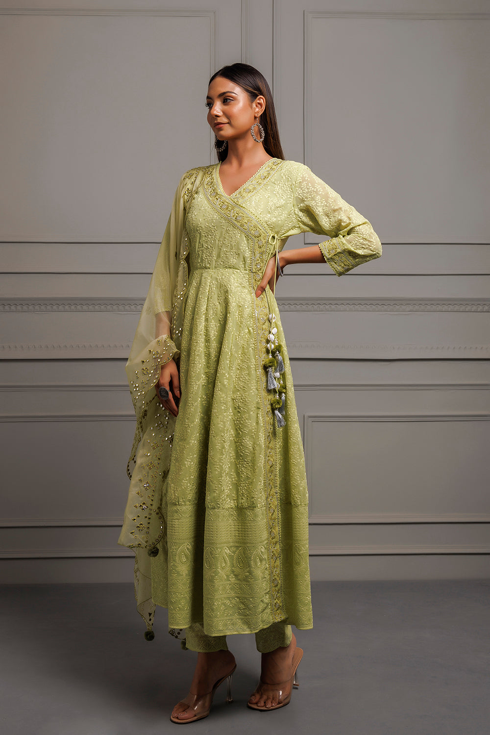 Green Georgette Handcrafted Angrakha Kurta Set With Organza Dupatta