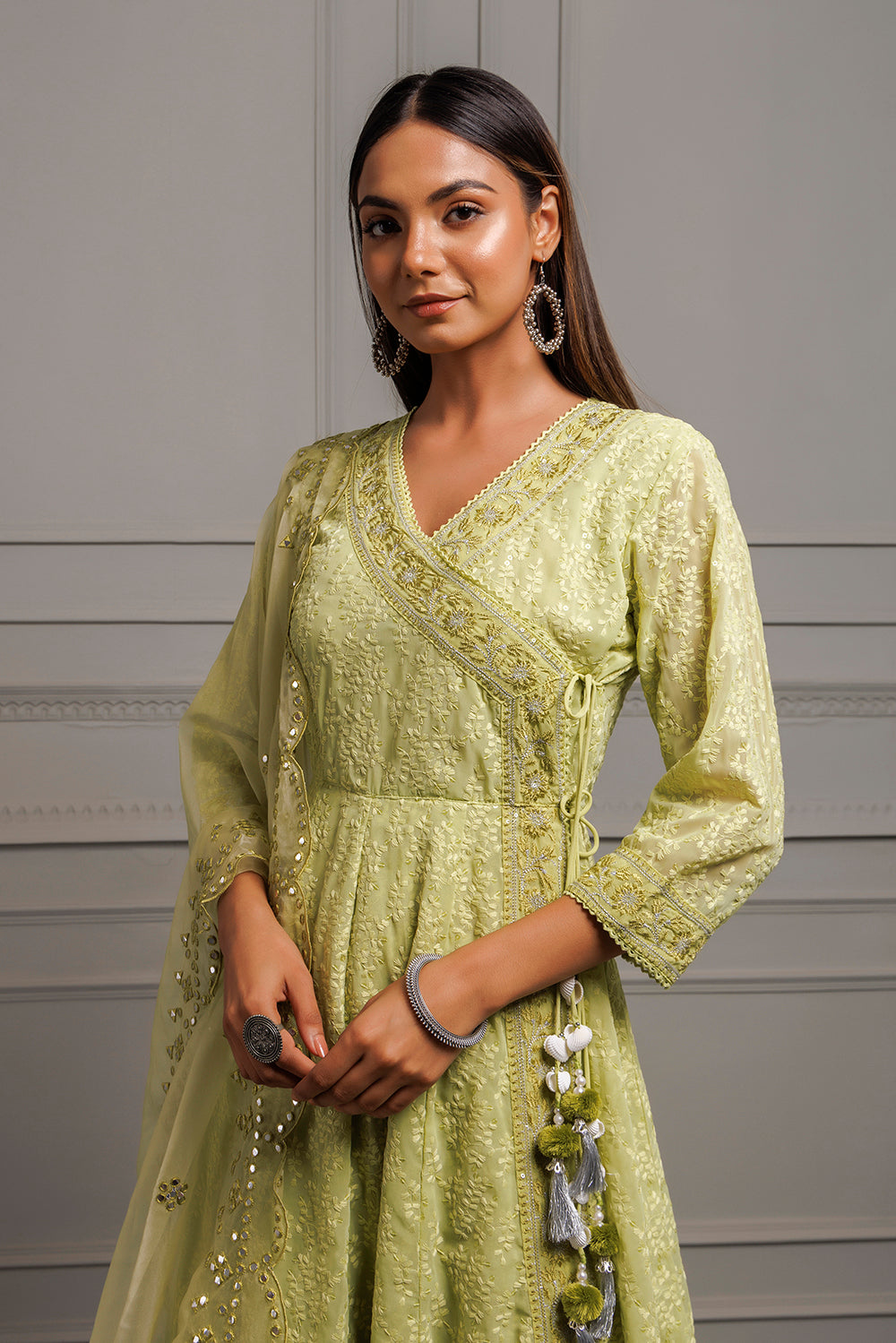 Green Georgette Handcrafted Angrakha Kurta Set With Organza Dupatta