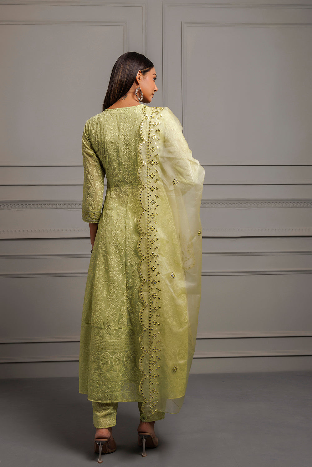 Green Georgette Handcrafted Angrakha Kurta Set With Organza Dupatta