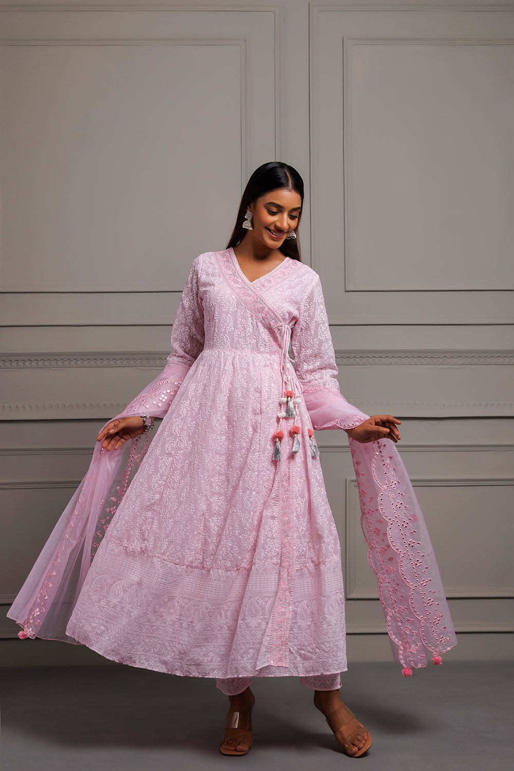 Pink Georgette Handcrafted Angrakha Kurta Set With Organza Dupatta