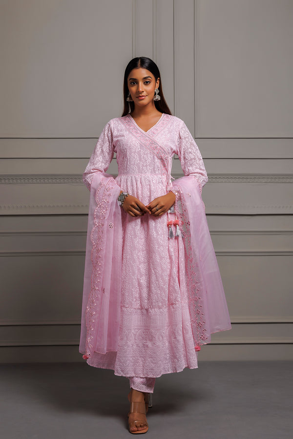 Pink Georgette Handcrafted Angrakha Kurta Set With Organza Dupatta