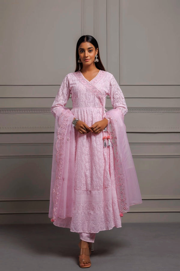 Pink Georgette Handcrafted Angrakha Kurta Set with Organza Dupatta