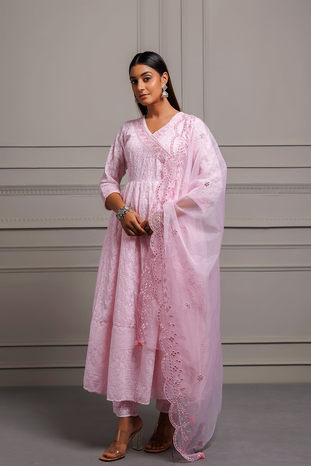Pink Georgette Handcrafted Angrakha Kurta Set With Organza Dupatta