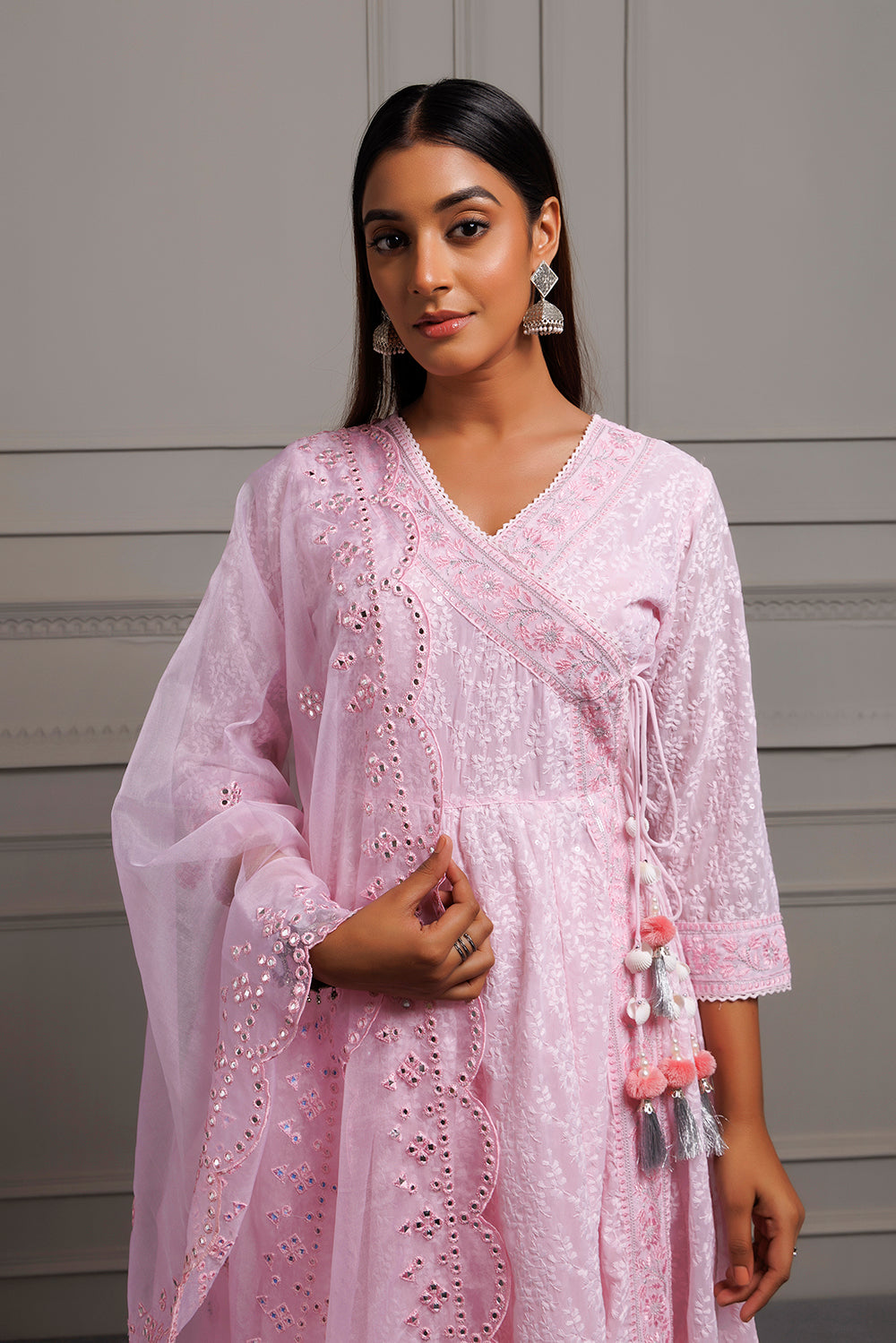 Pink Georgette Handcrafted Angrakha Kurta Set With Organza Dupatta