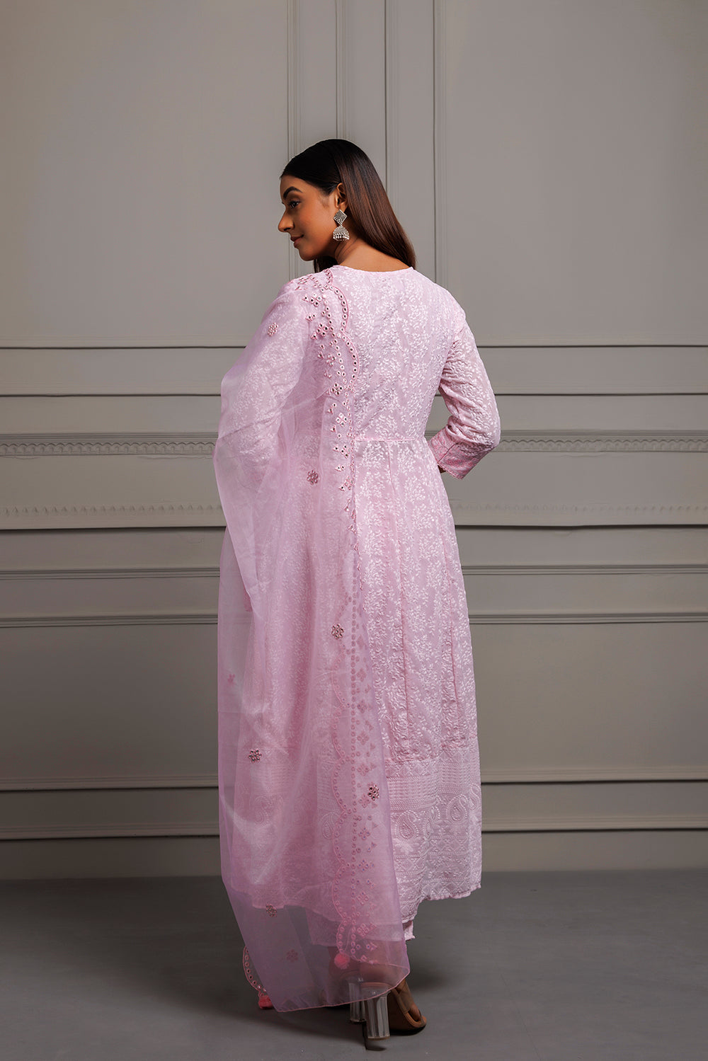 Pink Georgette Handcrafted Angrakha Kurta Set With Organza Dupatta