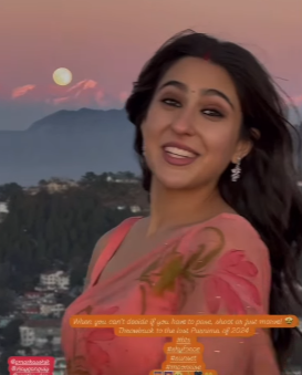 Sara Ali Khan in Peach Hand Painted Ready to Wear Saree