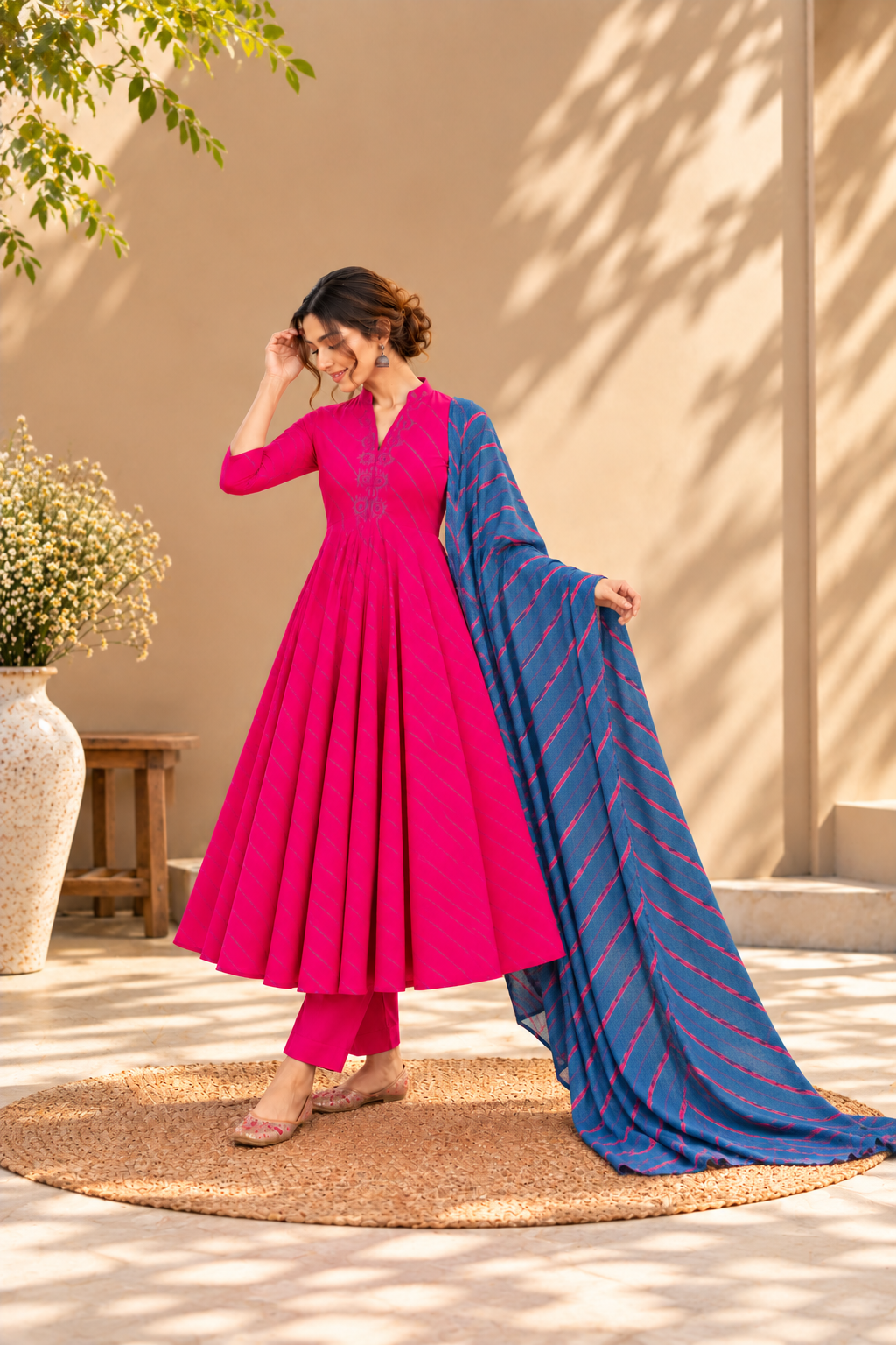 Pink Leheriya Pure Cotton Chanderi 3-Piece Kurta Set